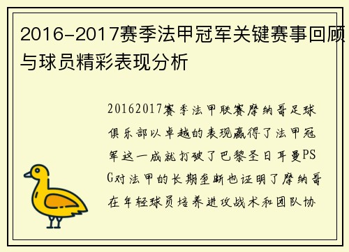 2016-2017赛季法甲冠军关键赛事回顾与球员精彩表现分析